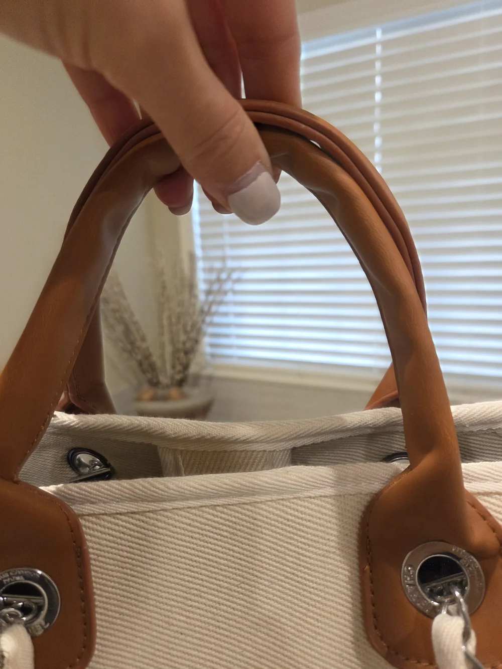CHANEL Cream Canvas Tote with Pearl Logo and Tan Leather Handles - Picture 3 of 5